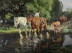 Wright Barker: Farm Horses and a Foal at a Ford (c. 1915)