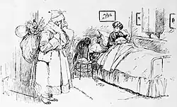 Cartoon of Father Christmas speaking to a young boy in bed