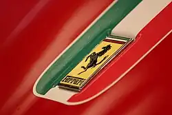 Close-up of a rectangular Ferrari badge