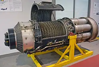 Early turbojet, General Electric J47, 1947. The 11 stage compressor has a pressure ratio of 5.4:1.