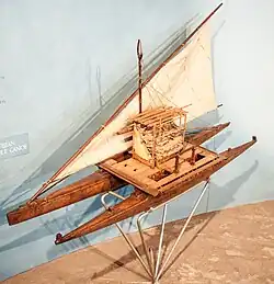 Image 56Model of a Fijian drua, an example of an Austronesian vessel with a double-canoe (catamaran) hull and a crab claw sail (from Pacific Ocean)