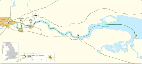 Map of the Thames from London Bridge to Sheerness, showing the positions of Blackwall, North Woolwich and Rosherville Gardens in between.