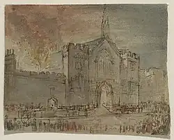 View of the frontage of Parliament on fire, done in watercolour by John Constable. Fire engines are seen in front of the building, with crowds shown at the outside of the image.