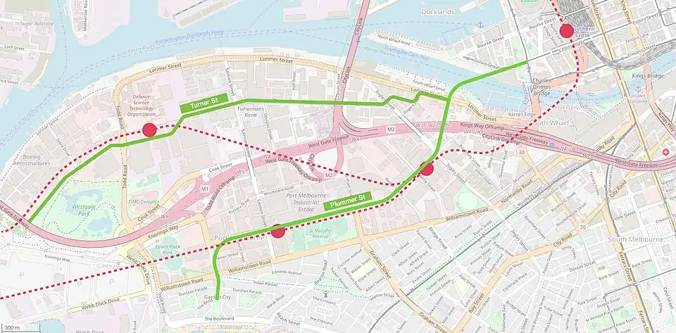 Map showing the two proposed extensions of the tram and metro networks through Fishermans Bend, according to the State Government's 2018 framework plan.