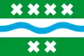 Three horizontal bands, top and bottom green with white saltires (4 on top and 2 on bottom). The centre band and contains a blue curved line from side to side.