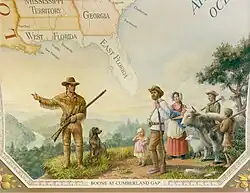 A painting of several men and women. A man on the left holds a rifle, and is pointing at something not in the frame. On the top-left of the image is a map of the southeastern United States, with an emphasis on Florida.