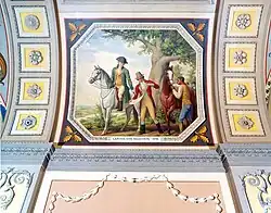 After Congress selected an area along the Potomac River for the site of the new federal city, President Washington chose French engineer Pierre Charles L'Enfant to lay out the city and design the public buildings. Here L'Enfant (center) shows the president his city plan.