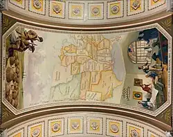 The map shows the central section of the continent to illustrate the effect of the Louisiana Purchase (1803), the Lewis and Clark expedition, and the opening of the West. Ohio is shown with the seven ranges, the grid system that was started in eastern Ohio and was then used to map out many of the boundaries and counties across the rest of the country. The border between Arkansas and Missouri, the 36.30 parallel, is prominent because it was the boundary between the slave states and free states. The route taken by Lewis and Clark appears at the north; also shown are parts of the Oregon Trail, the Santa Fe Trail, and the Emigrant Trail. On the edge of the map appear the names of Native American tribes that had been moved west.