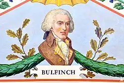 A painting that depicts a portrait of Charles Bullfinch. He is in a brown coat, and is looking left with his body cut off at the shoulders. Behind him hang green garlands.