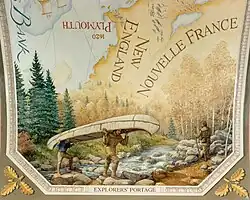 Trappers carry a birch-bark canoe across a rapids in a stream.