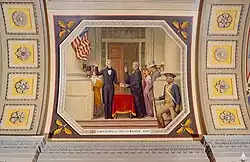 Andrew Jackson, the first president to be inaugurated outdoors at the Capitol, is shown taking the oath from Chief Justice John Marshall. This ceremony on the east front portico began a tradition observed by most presidents until 1981, when inaugurations were moved to the west front.