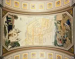 The map shows the states and territories stretching west from Texas to the Pacific Ocean and marks the Oregon, California, and Old Spanish Trails as well as the Pony Express route. Also shown are Sutter's Fort, where gold was discovered in California; the sites of Spanish missions and forts; and the names of Indian tribes. In the ocean is a clipper ship of the type that sailed around the tip of South America from California to the east coast of the United States.