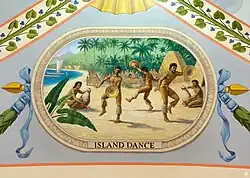 A village celebration with dancers and indigenous percussion instruments is shown in a typical Hawaiian setting.