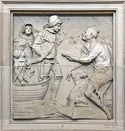 A grey sandstone engraving depicting the Landing of the Pilgrims. A Native American is holding out something, presumably an offering, and a pilgrim as is hand up and looks at him menacingly.