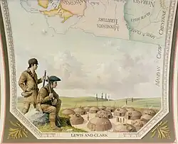 Lewis and Clark are shown on the Missouri river looking over a Mandan village.