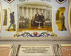 At his inaugural on the steps of the newly completed Capitol, Lincoln expressed his hopes for reconstruction of the Union after the Civil War. He urged moderation, humility, and humanity in dealings with the South. Shown in the center of the scene (from left to right) are Vice President Andrew Johnson, President Lincoln, and Chief Justice Salmon P. Chase.