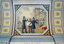 In this mural Walter (center, in dark coat and top hat) shows his dome design to President Abraham Lincoln.