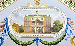 A painting of a multi-story brick building surrounded by trees. Under the building are garlands with blue ribbons, and directly below the building are the words "NEW YORK, 1765".