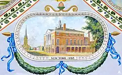 A painting of a multi-story brick building surrounded by trees and a church. Under the building are garlands with blue ribbons, and directly below the building are the words "NEW YORK, 1785".