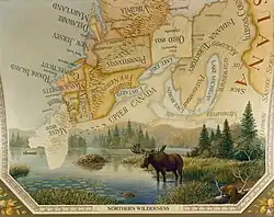 A lone explorer in a canoe enters the picture, symbolically from the east.