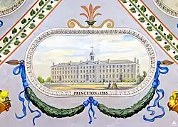 A large white building with many windows and a white cross crowning its dome. Under the building is a green garland with blue ribbons, and directly under the building are the words "PRINCETON, 1783".