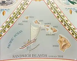 A map shows the islands now called Hawaii, which were annexed in 1898; an island native carries fruit in an out-rigger canoe with a cloth sail.