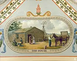 A typical prairie home is shown with a barbed wire fence, which represents the settlement of the great open plains.