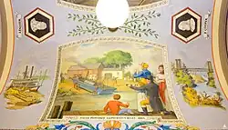 The steamboat on the Platte River symbolizes the breakthrough in water travel made possible by Evans's invention. Right: The world's first railroad suspension bridge (designed by John Roebling, who would later create the Brooklyn Bridge), symbolizing steam-powered land travel, spans the Niagara River near Niagara Falls.