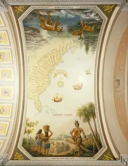 The map is inscribed "Terra Incognita" (Latin for "Unknown Territory"). On it, the names of the original Native American tribes of the eastern coast of North America appear in the tribes' approximate geographic locations. This first map shows the edge of the continent before the arrival of Columbus, whose three ships are depicted crossing the ocean.