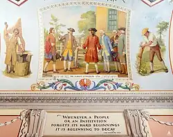 The mural depicts severak delegates (from left to right): William Franklin and his father, Benjamin (Pennsylvania); Governor Thomas Hutchinson (Massachusetts); Governor William Delancey (New York); Sir William Johnson (Massachusetts); Colonel Benjamin Tasker (Maryland).