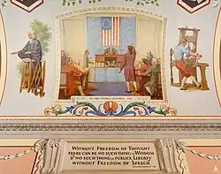 Shown in the mural are (from left to right) James Madison (standing), speaker Frederick Muhlenberg (seated), Elbridge Gerry (standing, foreground), and Fisher Ames (standing, rear).
