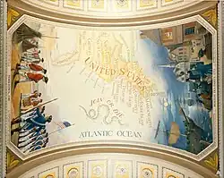 The map shows the first thirteen colonies and the year in which each entered the Union. The original Northwest territories, the Connecticut Reserve, and Spanish and West Florida are also shown. Beside the motto "Join or Die" is a snake segmented into thirteen parts, each labeled with the abbreviation of a state, copied from a colonial block print.