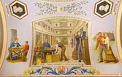 This mural depicts the library in the Capitol in 1890, when it had grown to occupy almost the entire west central section of the building. Librarian of Congress Ainsworth Spofford is shown seated at the left.