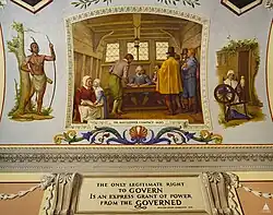 Pilgrim leader William Brewster is shown signing the document; John Standish, the colony's military leader, stands at left.