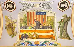 The mural shows Roosevelt giving one of his characteristically enthusiastic speeches. Directly below him, journalist H.L. Mencken takes notes.