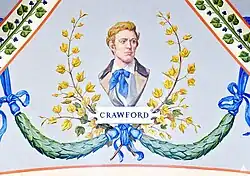 A painting depicting a portrait of Thomas Crawford. He is wearing a beige suit with a blue bowtie, and is looking to the right. Under him are green garlands and plants, and directly under him is the text "CRAWFORD".