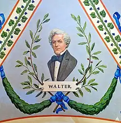 A painting depicting a portrait of Thomas U. Walter. He is wearing a black suit with a blue bowtie, and is looking forward. Under him are green garlands and plants, and directly under him is the text "WALTER".