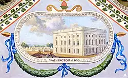 A white multi-story building with several windows. Below the building are green garlands, and directly below is the text "WASHINGTON, 1800".