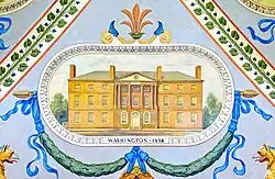 A yellow multi-story building. Below the building are green garlands, and directly below is the text "WASHINGTON, 1814".