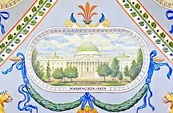 The U.S. Capitol building surrounded by trees. Below the building are green garlands, and directly below is the text "WASHINGTON, 1829".