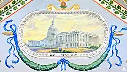 The U.S. Capitol building surrounded by trees. Below the building are green garlands, and directly below is the text "WASHINGTON, 1867".