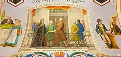 The mural depicts (from left to right) Robert R. Livingston, chancellor of the state of New York, administering the oath; Secretary of the Senate Samuel Otis holding the Bible; George Washington, with his hand upraised; and Vice President John Adams.
