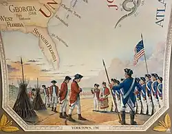 At the end of the Revolutionary War, the British are shown laying down their arms against a symbolic sunset.