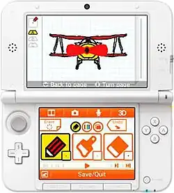 Flipnote Studio 3D running on a white 3DS XL. The tool selection screen is open on the bottom screen.