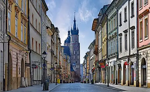 View from the north. The church building closes the perspective of Floriańska Street.