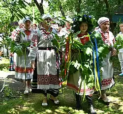 A girl with leaves incorporated into her costume followed by women in traditional costumes