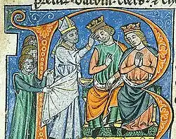 An enthroned couple being crowned by a prelate