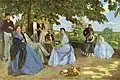 Frédéric Bazille's 1867 painting Family Reunion, containing two women in blue polka dot dresses