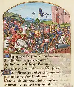 A colorful illustration of a group of English and French knights fighting outside a castle. The French have several cannons