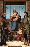 Virgin and Child Flanked by Sts Benedict and Quentin, 1500-05, Musée du Louvre, originally from San Quintino, Parma